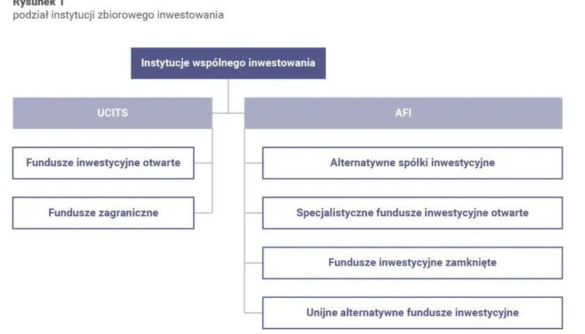Schemat podziału instytucji wspólnego inwestowania na UCITS i AFI z ich podtypami.