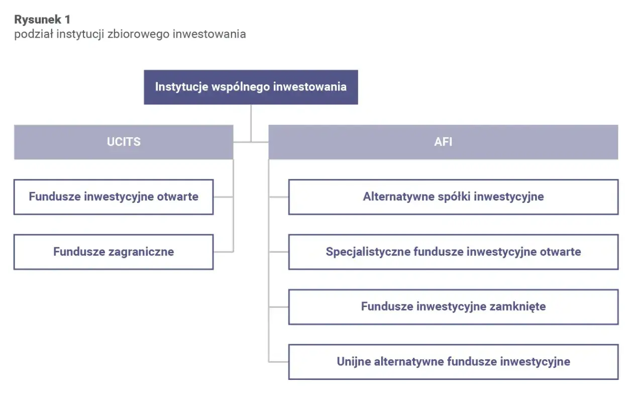 Schemat podziału instytucji wspólnego inwestowania na UCITS i AFI z ich podtypami.